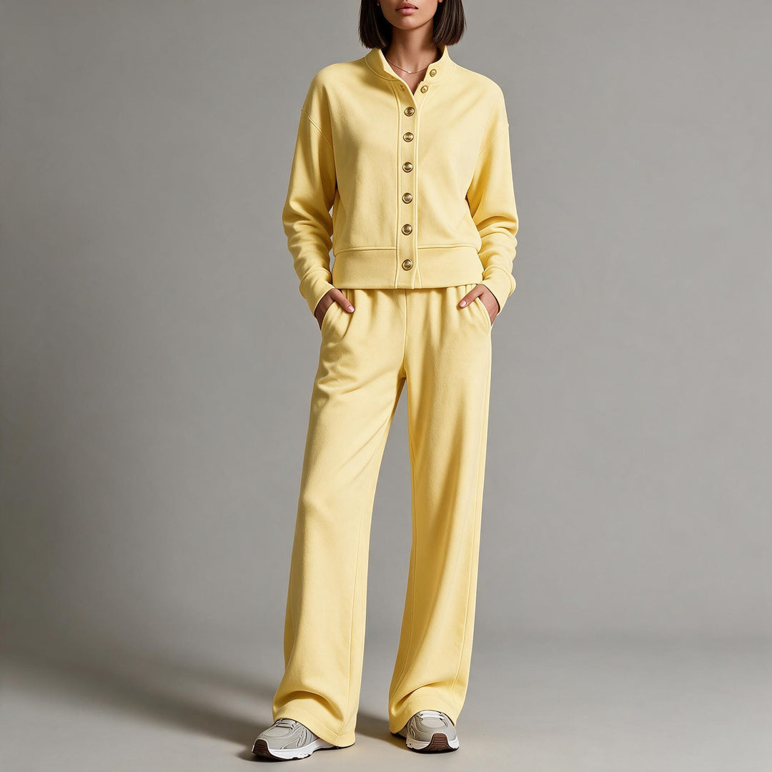 Damen Sweatjacke mit Druckknopfleiste, Stehkragen und weichem Lounge-Schnitt Echoarchiv