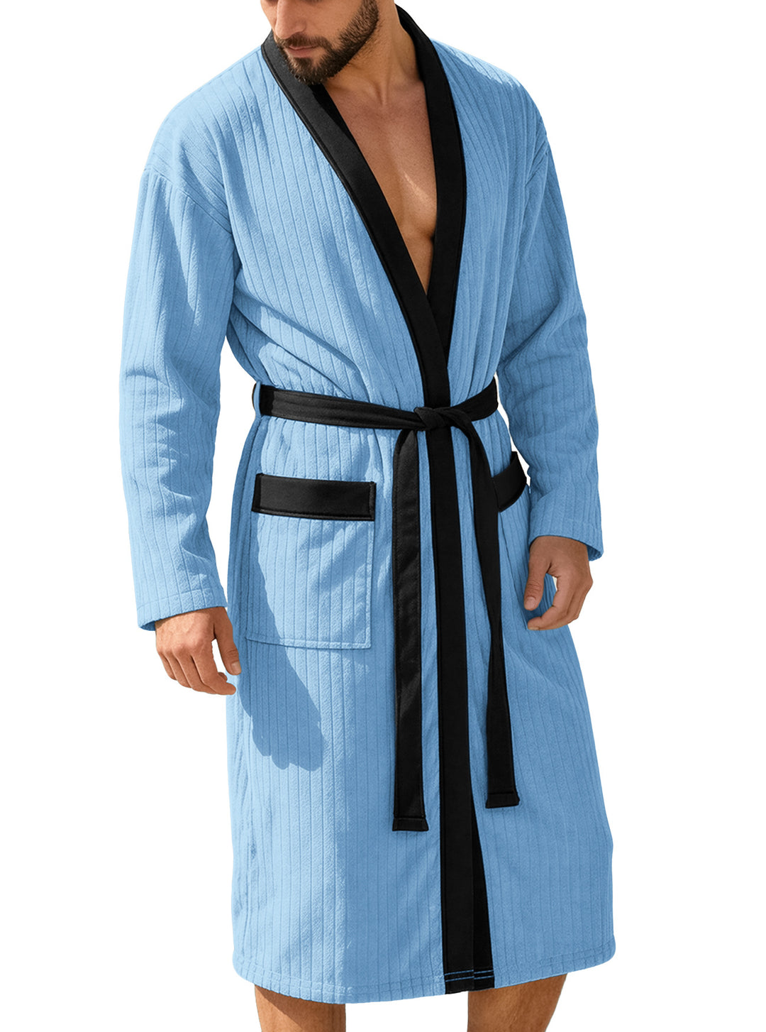 Herren nan wadenlanger Rippen-Bademantel im Kimono-Stil mit Schalkragen und Kontrastpaspel Echo Archiv