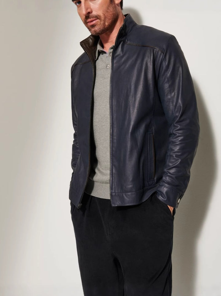 Herren Lederjacke mit elegantem Stehkragen und seitlichen Reißverschlusstaschen Echoarchiv