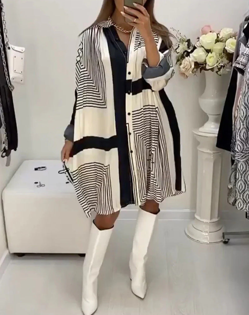 Damen nan knieumspielendes A-Linien-Hemdblusenkleid mit grafischem Linienprint, verdeckter Knopfleiste und oversized Manschetten Echo Archiv
