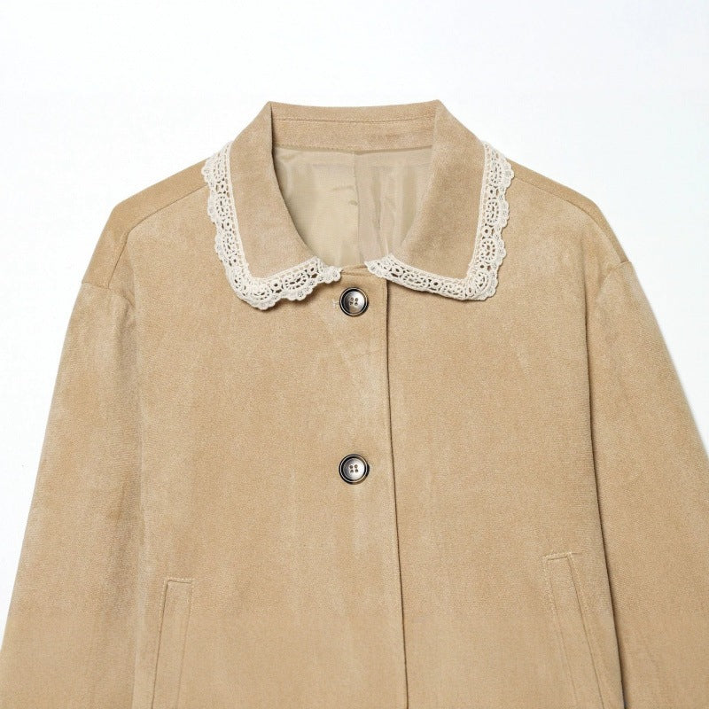 Damen Cropped-Veloursjacke mit Spitzkragen und Spitzenmanschetten Echo Archiv
