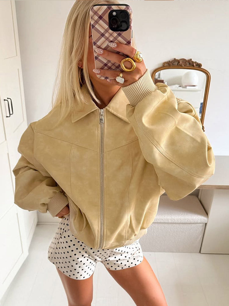 Damen Kurz geschnittener Oversize-Bomber in Veloursleder-Optik mit durchgehendem Reißverschluss & Rippbündchen Echoarchiv