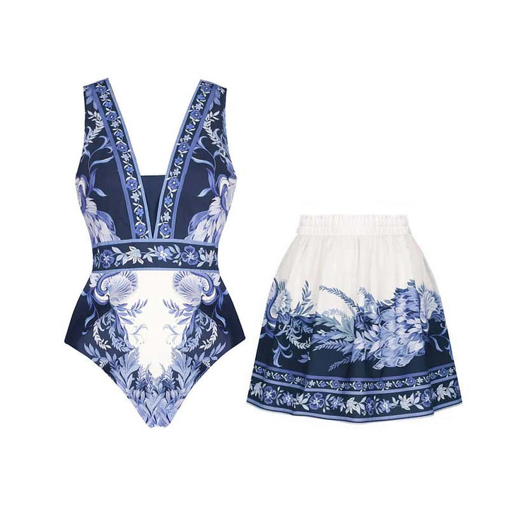 Damen Einteiler Badeanzug mit floralem Design und V-Ausschnitt Echo Archiv