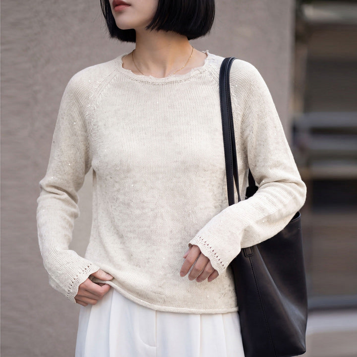 Damen leichter Feinstrickpullover mit dezenter Glitzeroptik und Raglanärmeln Echoarchiv