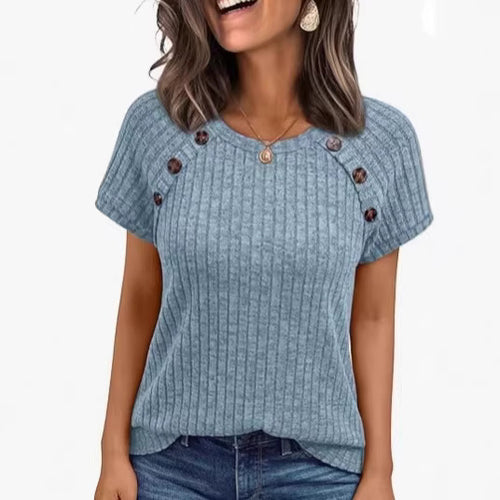 Damen lässiges Rippenstrick-T-Shirt mit Knöpfen Echo Archiv