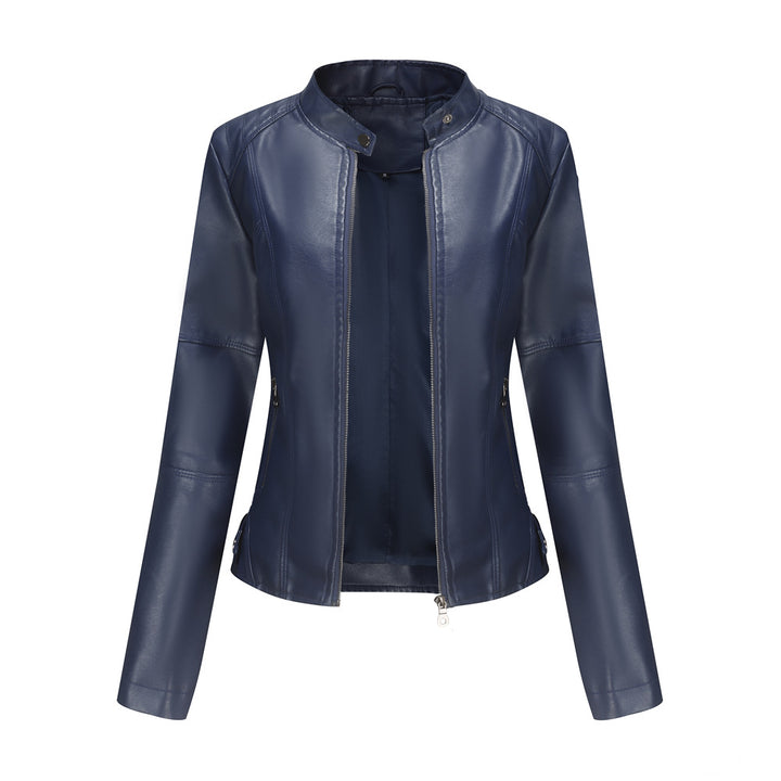 Damen nan schlanke Kunstlederjacke im Bikerstil mit Stehkragen und formenden Abnähern Echo Archiv