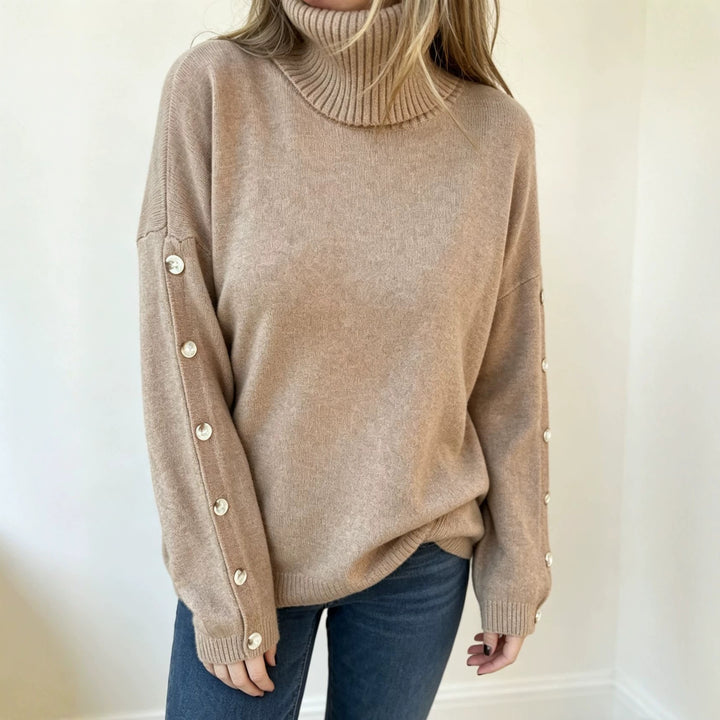 Damen Oversized Rollkragenpullover mit Ärmel-Knopfleiste – Mavelle