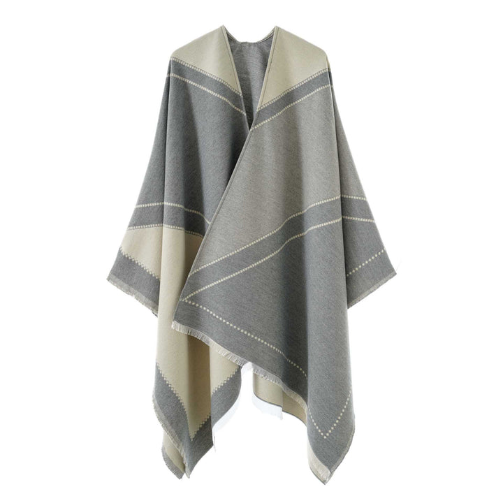 Damen Wendbarer Strickcape-Poncho mit Fransen und kontrastierenden Streifen – Avérine