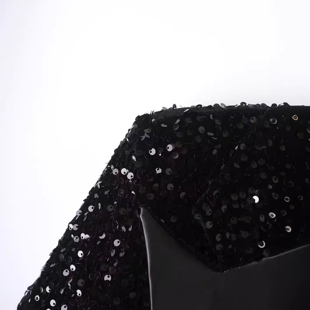Damen nan glitzernder Pailletten-Blazermantel mit weitem Schalkragen, Satinrevers und verstellbarem Taillengürtel Echo Archiv