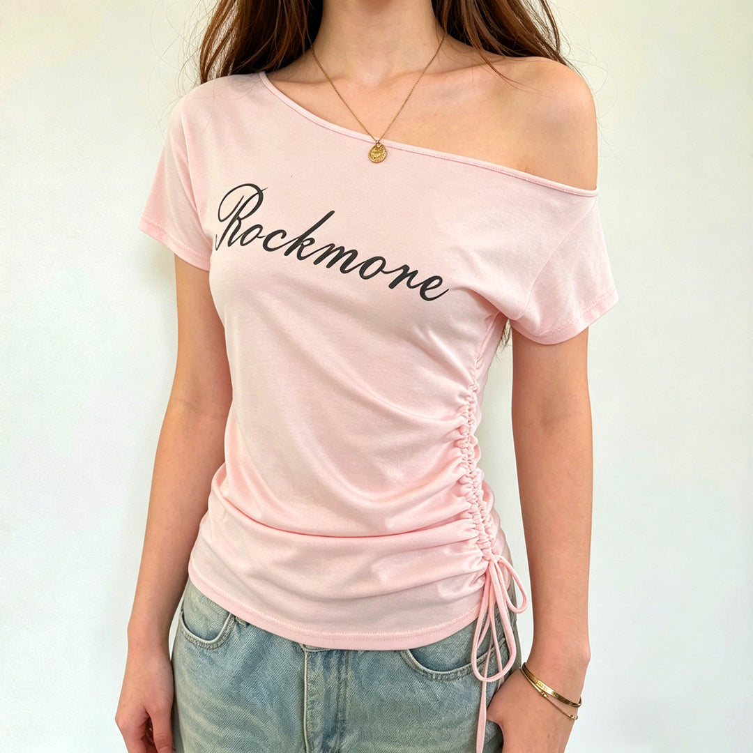 Damen Off-Shoulder T-Shirt mit Raffungen und modischem Schriftzug Echo Archiv