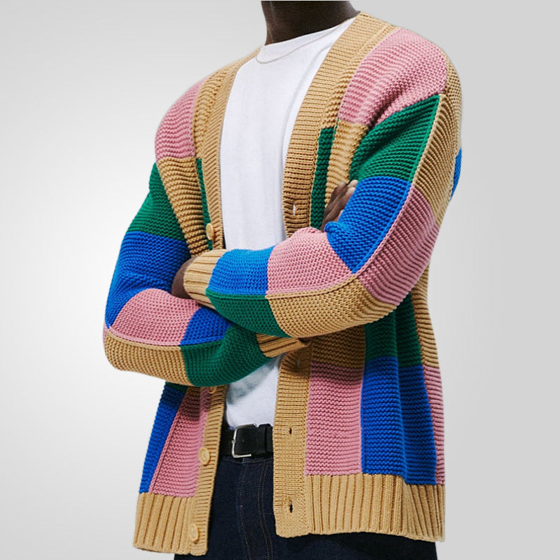 Herren Strickjacke mit buntem Blockmuster und bequemen Knöpfen Echoarchiv