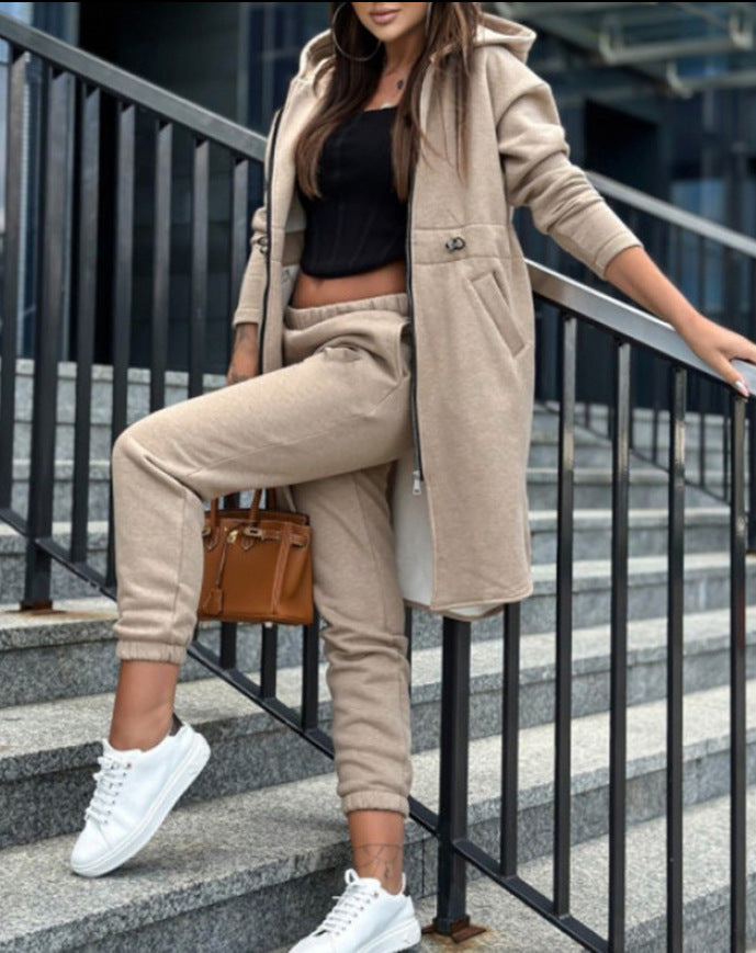 Damen Kapuzenmantel und High-Waist Jogginghose Lounge-Set – Montévia