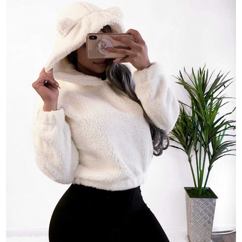 Damen Kurzer Kapuzen‑Sherpa‑Pullover mit Kängurutasche und elastischem Saum Echo Archiv
