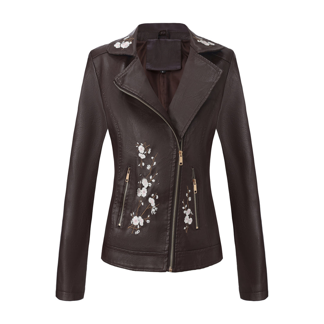 Damen nan bestickte taillierte Kunstleder Bikerjacke mit asymmetrischem Reißverschluss Echo Archiv