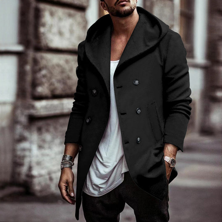 Herren urbaner Mantel mit oversized Kapuze und doppelter Knopfleiste Echoarchiv