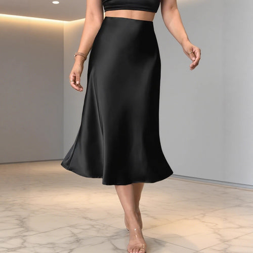 Damen Eleganter Satin-Midirock mit hohem Schnitt und fließendem Fall Echo Archiv