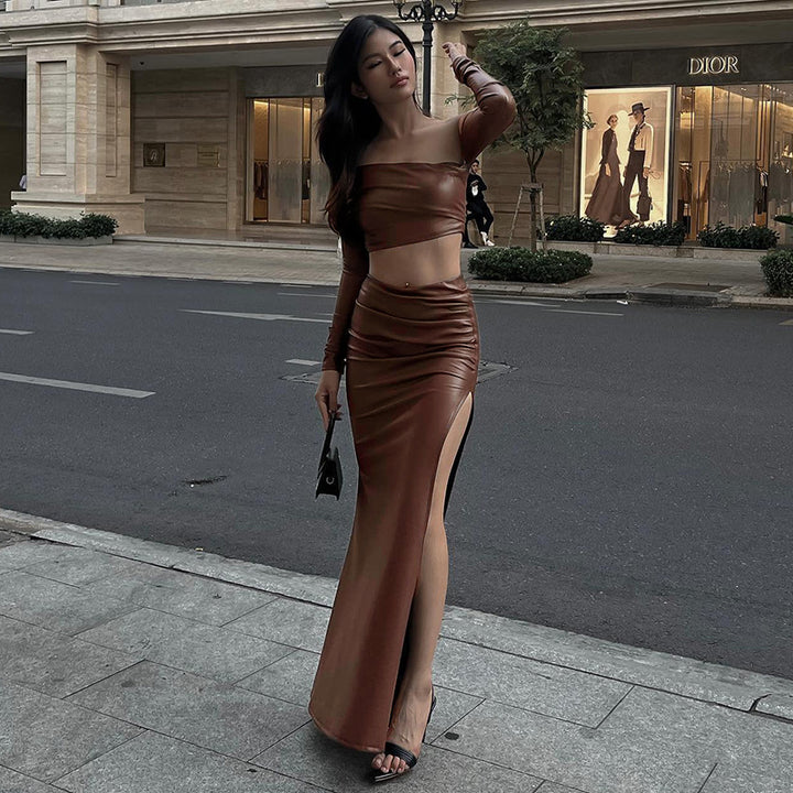 Damen elegantes asymmetrisches Cropped-Oberteil mit langen Ärmeln Echo Archiv