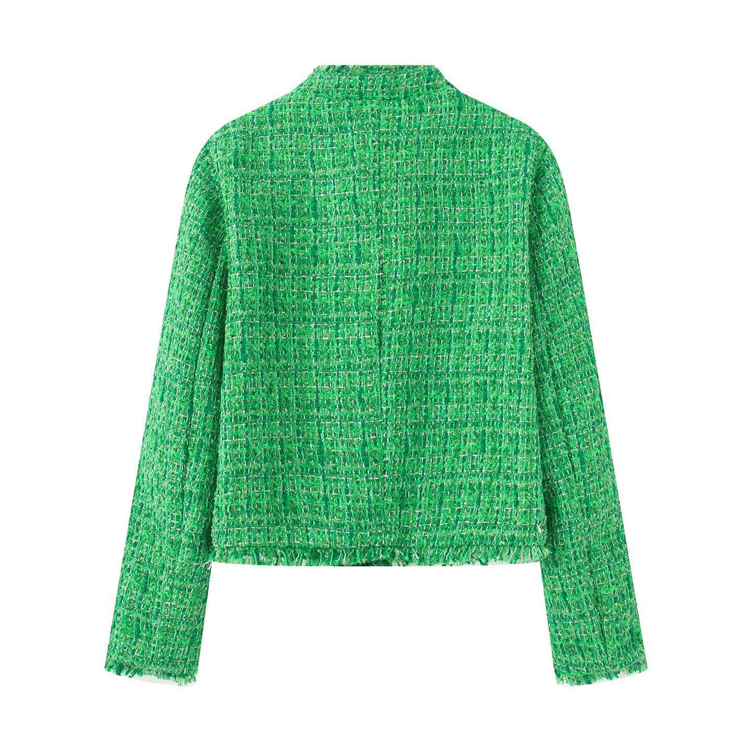 Damen kurze Bouclé-Tweedjacke mit goldenen Zierknöpfen, aufgesetzten Taschen und Fransenbesatz – Célinea