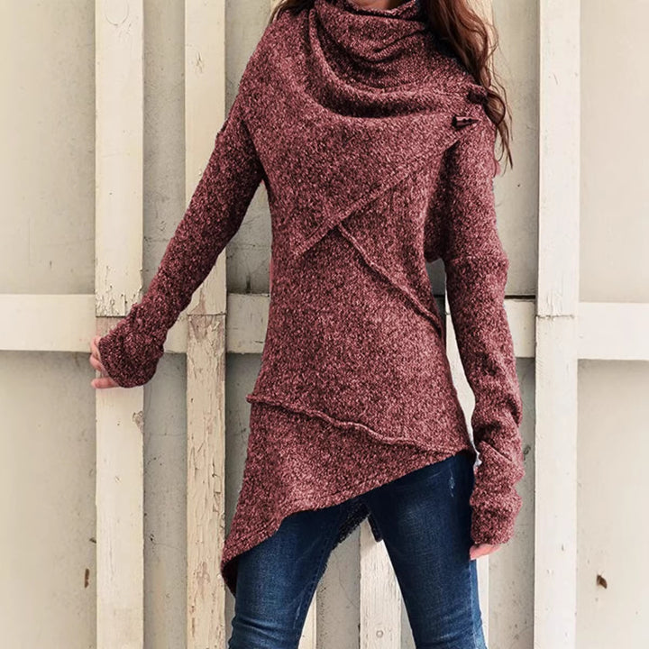 Damen asymmetrischer Boucle-Strickpullover mit großem Schalfkragen Echoarchiv
