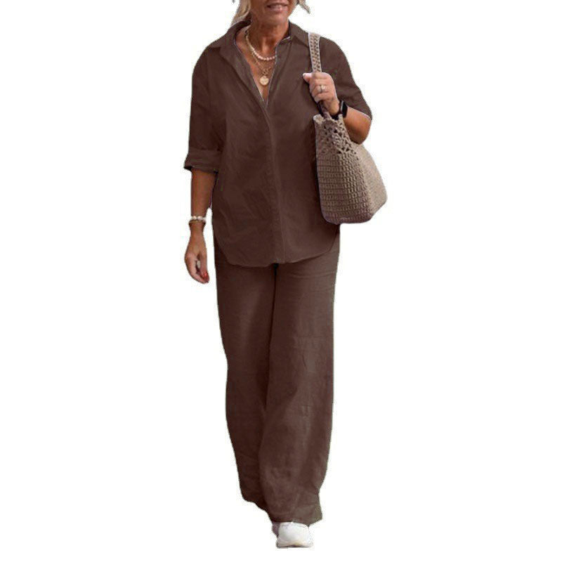 Damen Leichtes Leinen-Optik Zweiteiler mit Oversize-Hemd und weiter Palazzohose Echo Archiv