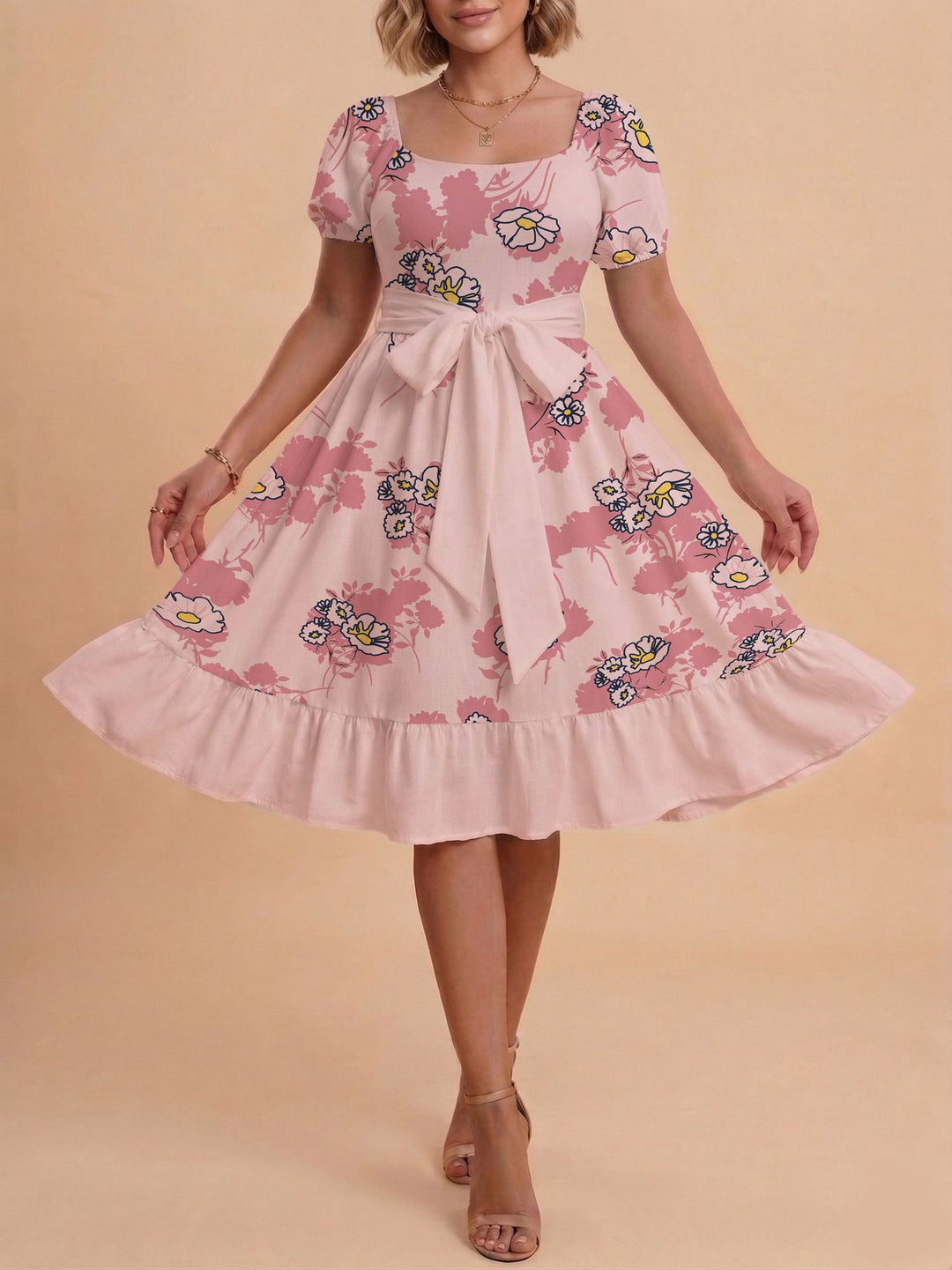 Damen Retro Maxikleid mit Puffärmeln und Taillengürtel Echo Archiv