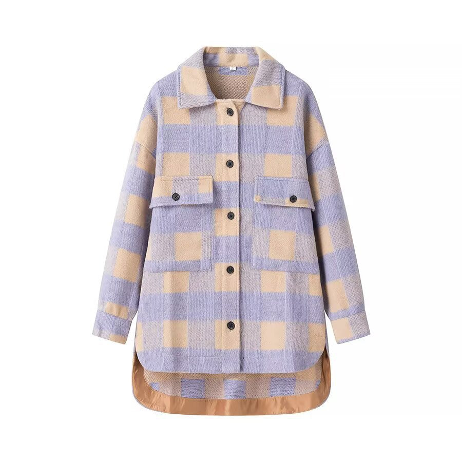 Damen Oversized Hemdjacke im Karo mit großen Pattentaschen und gerundetem Saum Echo Archiv