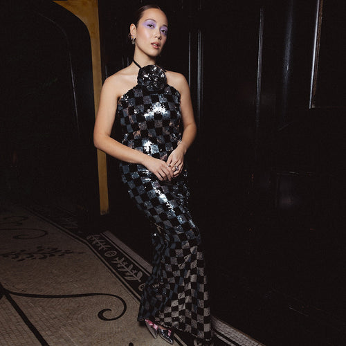 Damen Figurbetontes Schachmuster-Maxikleid mit glitzernden Pailletten Echo Archiv