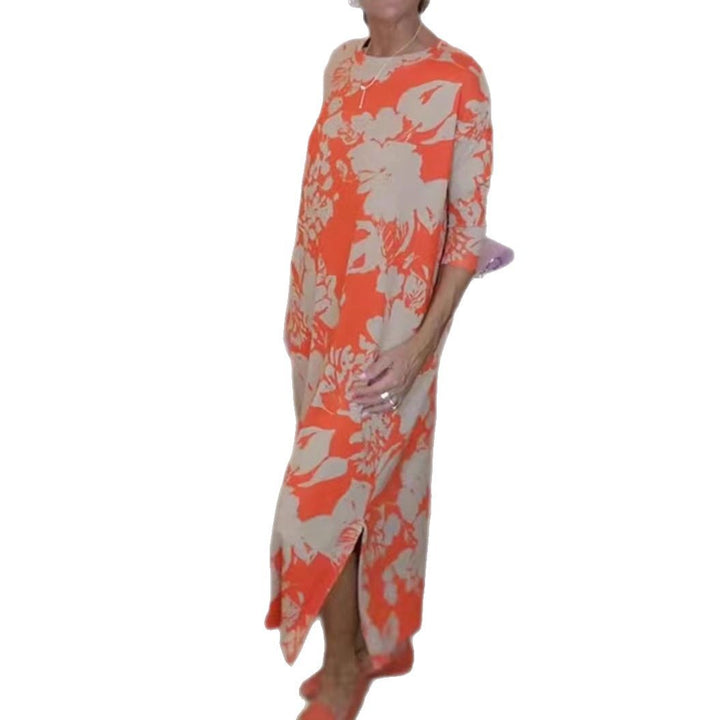 Damen nan fließendes A-Linien-Maxikleid mit Dreiviertelärmeln Rundhalsausschnitt Seitenschlitz und Eingrifftaschen Echo Archiv