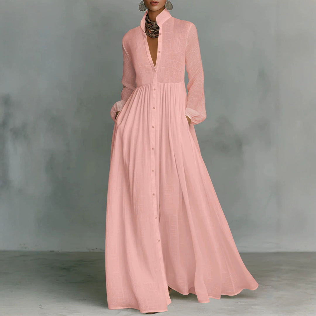Damen Maxikleid mit Stehkragen, durchgehender Knopfleiste, taillenhoher Raffung und Eingrifftaschen – Valéora