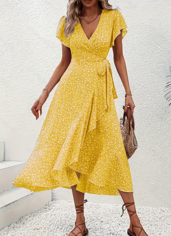 Kleid mit V-Ausschnitt und fließendem Saum