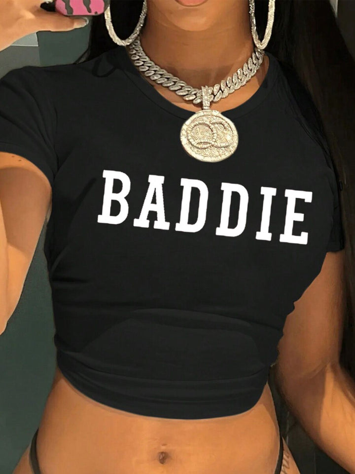 Damen figurbetontes Kurzarm-T-Shirt mit verspieltem Aufdruck Echo Archiv