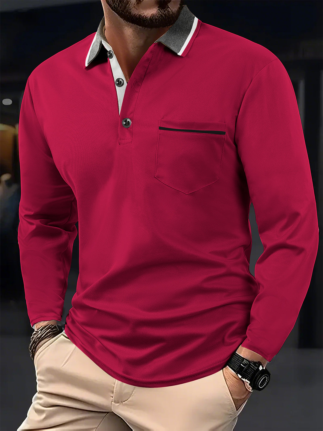 Herren Langarm Poloshirt mit strukturiertem Kragen und Brusttasche Echoarchiv