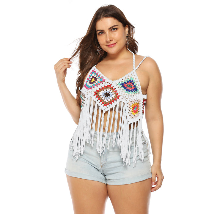 Damen gehäkeltes Crop-Top mit buntem Fransen-Design Echo Archiv