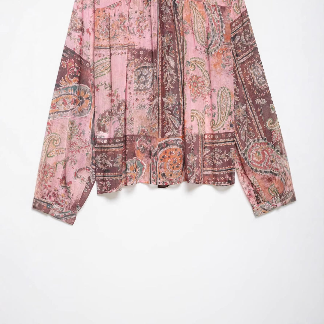 Damen Chiffonbluse im Paisley-Print mit Schleifenkragen und Rüschenfront Echoarchiv