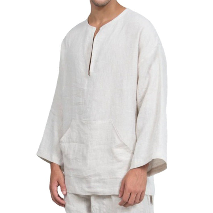 Herren lässiges Leinenoberteil mit Henley-Ausschnitt und praktischer Kängurutasche Echoarchiv