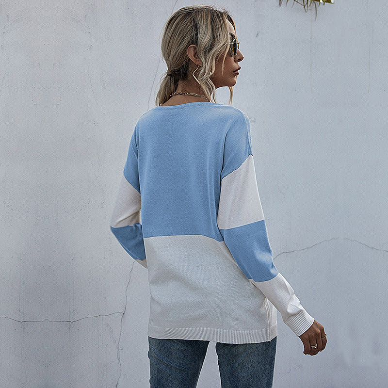 Damen Lässiger Strickpullover mit V-Ausschnitt und Farbblock Echo Archiv