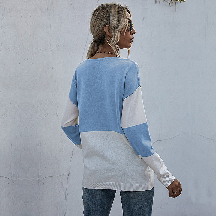 Damen Lässiger Strickpullover mit V-Ausschnitt und Farbblock Echo Archiv