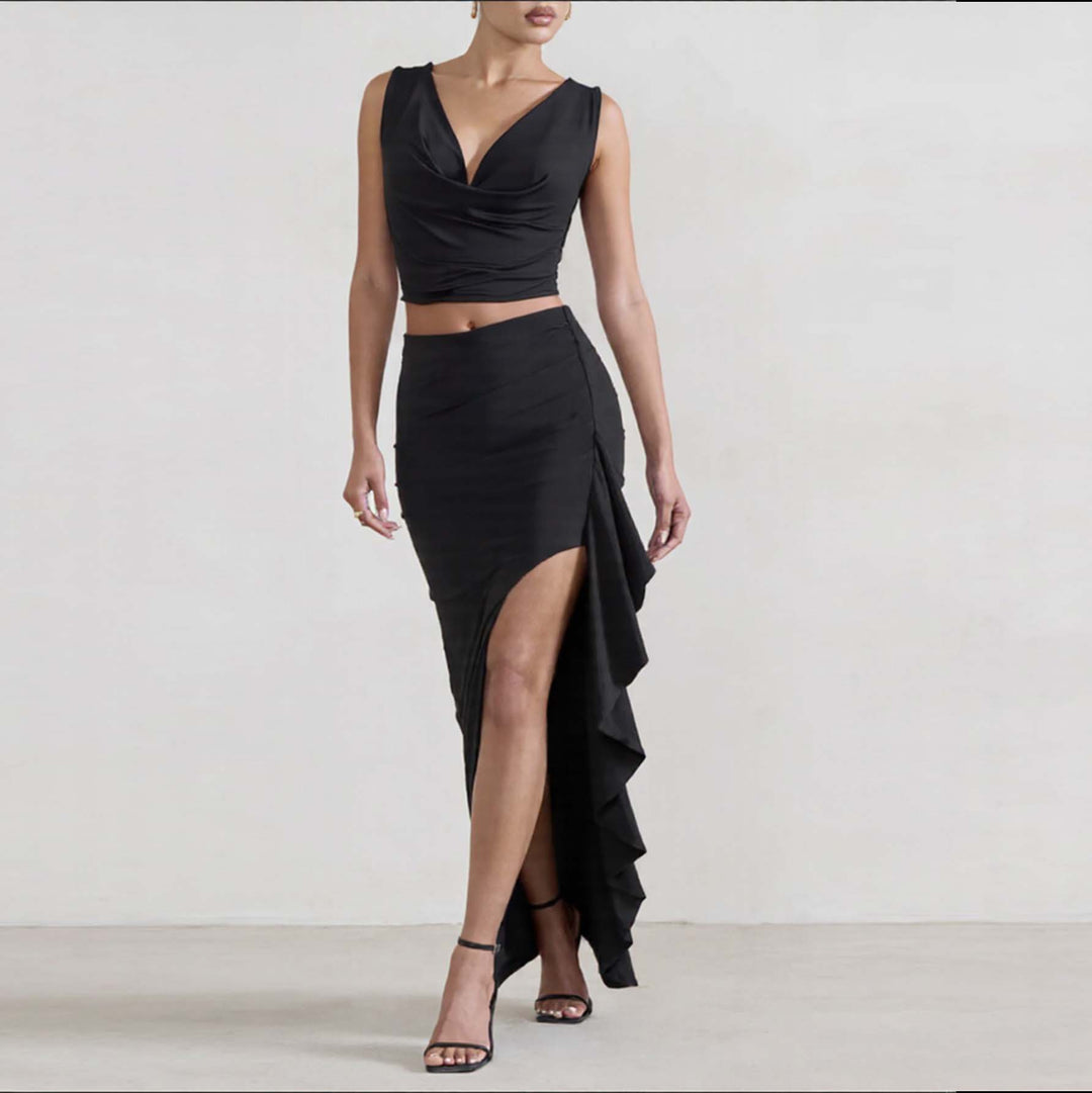 Damen Elegantes Crop-Top und Maxi-Rock Set mit hohem Schlitz Echo Archiv