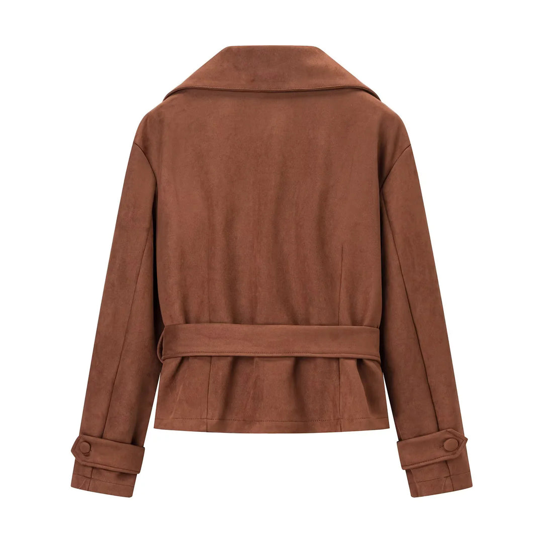 Damen nan taillierte Cropped-Wildlederoptik Jacke mit Schalkragen und Bindegürtel Echo Archiv