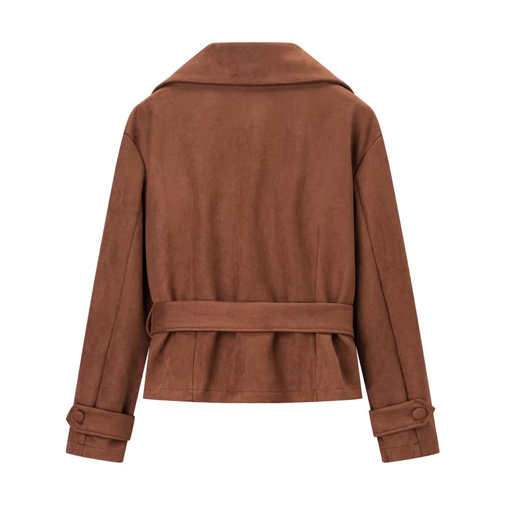 Damen nan taillierte Cropped-Wildlederoptik Jacke mit Schalkragen und Bindegürtel Echo Archiv