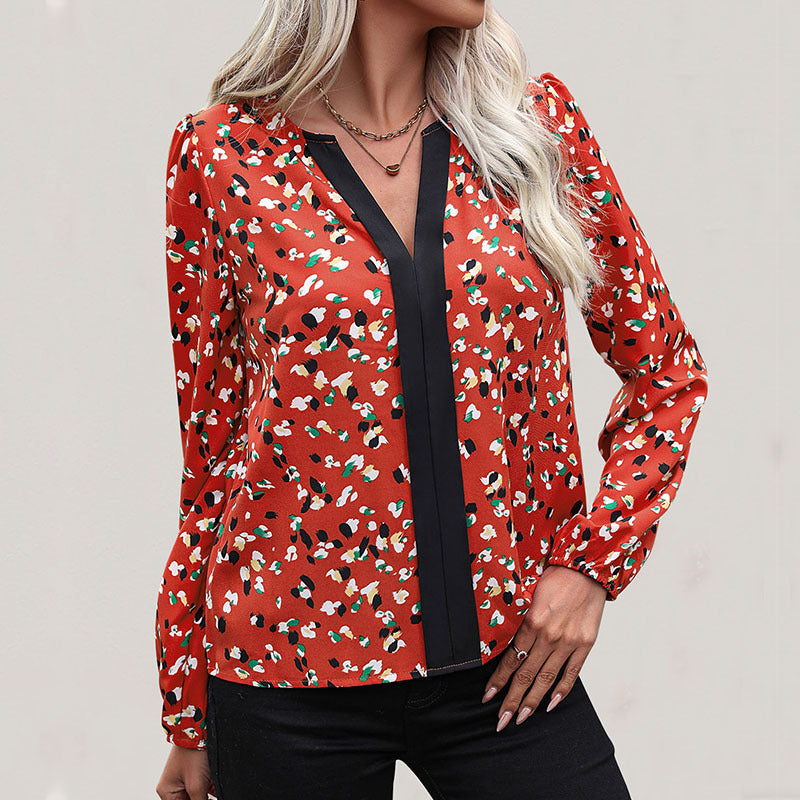 Damen Leichte Langarm-Bluse mit kontrastierender Blende und abstraktem Allover-Print Echoarchiv
