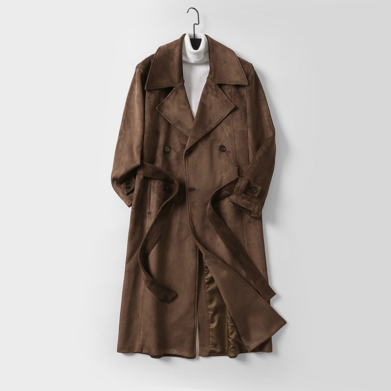 Herren Doppelreihiger Trenchcoat aus Velourslederimitat mit Taillengürtel und weitem Revers Echoarchiv