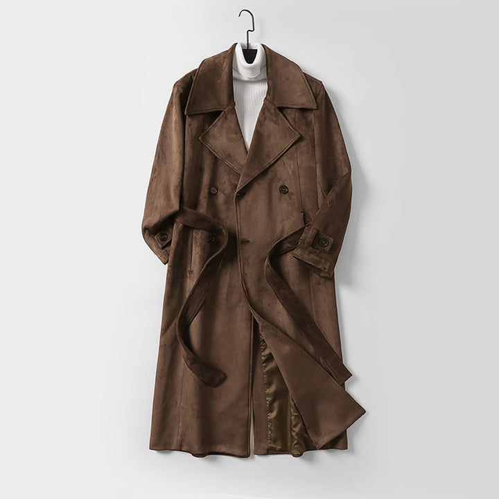 Herren Maxilanger Trenchcoat aus Velourslederoptik mit Doppelreihe und Taillenband Echoarchiv