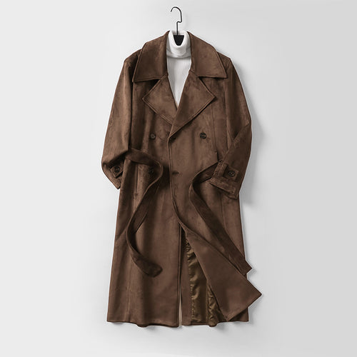 Herren Maxilanger Trenchcoat aus Velourslederoptik mit Doppelreihe und Taillenband Echoarchiv