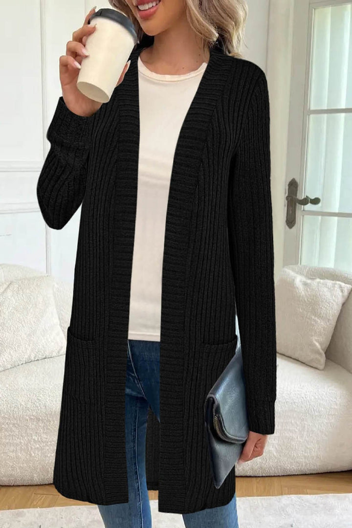 Damen Longline Rippstrick Cardigan mit Taschen Echoarchiv