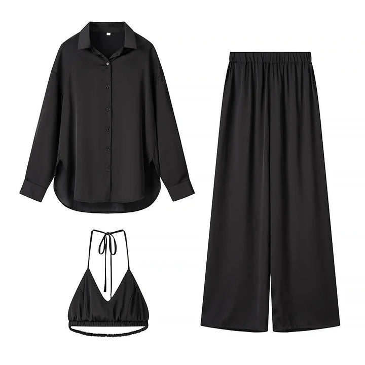 Damen elegantes Dreiteiler-Set Oversize-Hemd Highwaist-Weitbeinhose und Neckholder-Croptop – Élanora