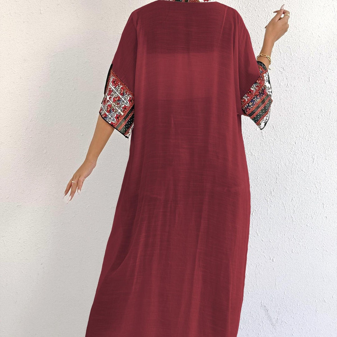 Damen eleganter, leichter Kaftan mit buntem Häkelbesatz Echo Archiv