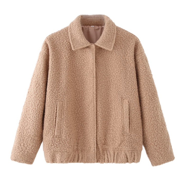 Damen Teddy-Boxy-Jacke mit Hemdkragen, Eingrifftaschen und elastischem Saum Echoarchiv