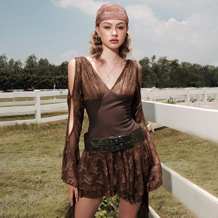 Damen elegantes Wickelkleid mit transparenten Spitzenärmel Echo Archiv