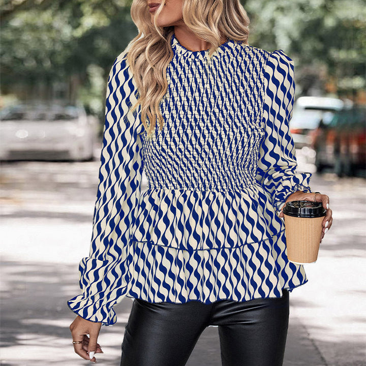 Damen Gemusterte Smockbluse mit Rüschen-Peplum und Stehkragen Echoarchiv